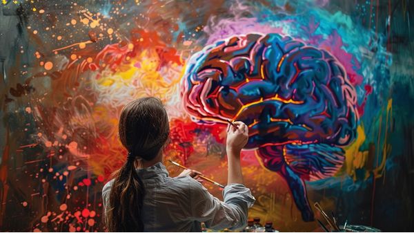 A fantasy image of a women paint a brain.
